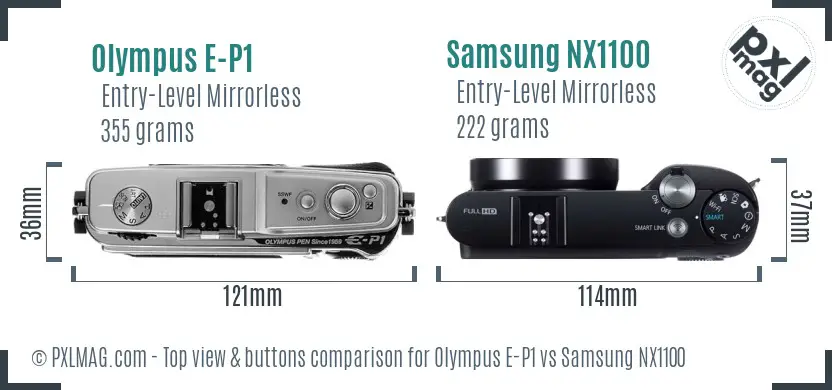 Olympus E-P1 vs Samsung NX1100 top view buttons comparison