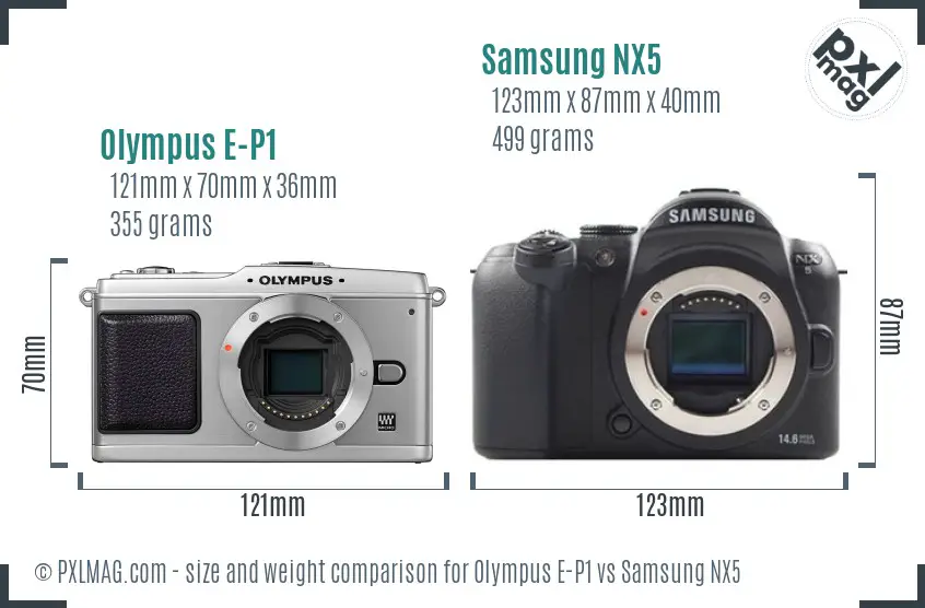 Olympus E-P1 vs Samsung NX5 size comparison Olympus E-P1 vs Samsung NX5 size comparison