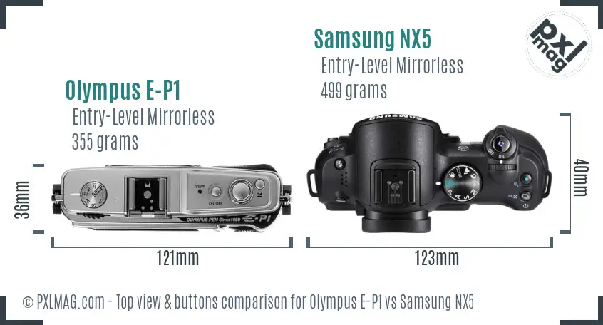 Olympus E-P1 vs Samsung NX5 top view buttons comparison Olympus E-P1 vs Samsung NX5 top view buttons comparison