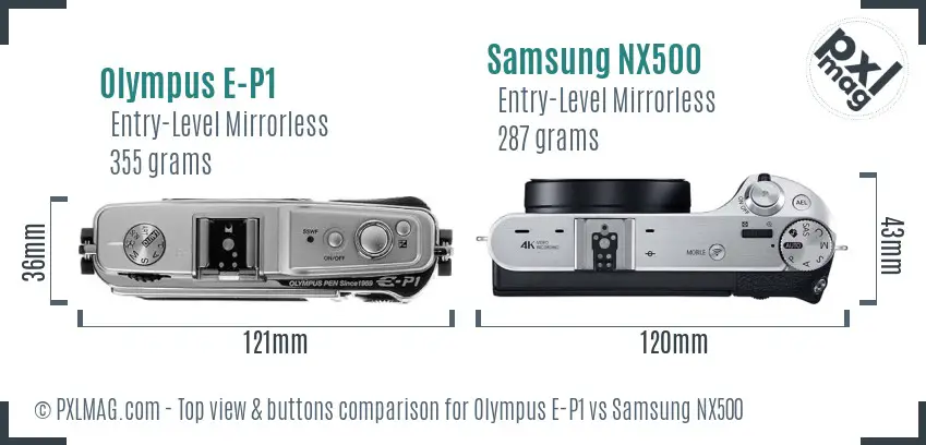 Olympus E-P1 vs Samsung NX500 top view buttons comparison