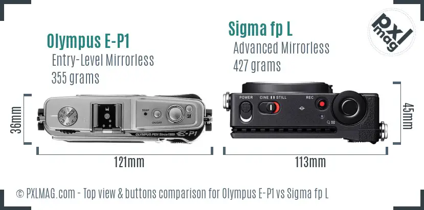 Olympus E-P1 vs Sigma fp L top view buttons comparison