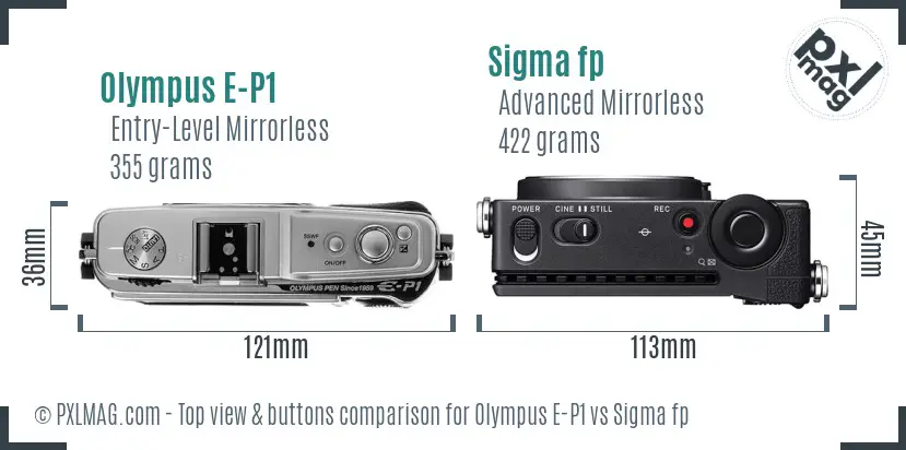 Olympus E-P1 vs Sigma fp top view buttons comparison