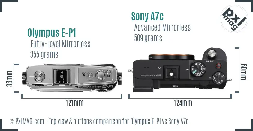 Olympus E-P1 vs Sony A7c top view buttons comparison Olympus E-P1 vs Sony A7c top view buttons comparison