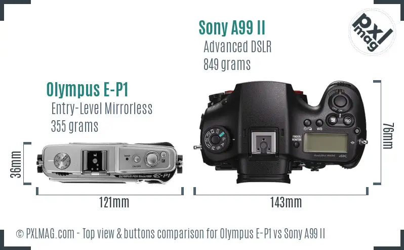 Olympus E-P1 vs Sony A99 II top view buttons comparison