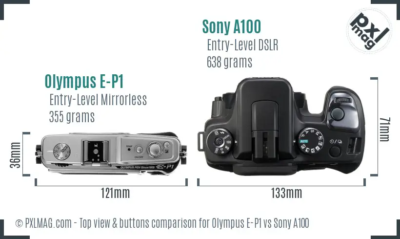 Olympus E-P1 vs Sony A100 top view buttons comparison