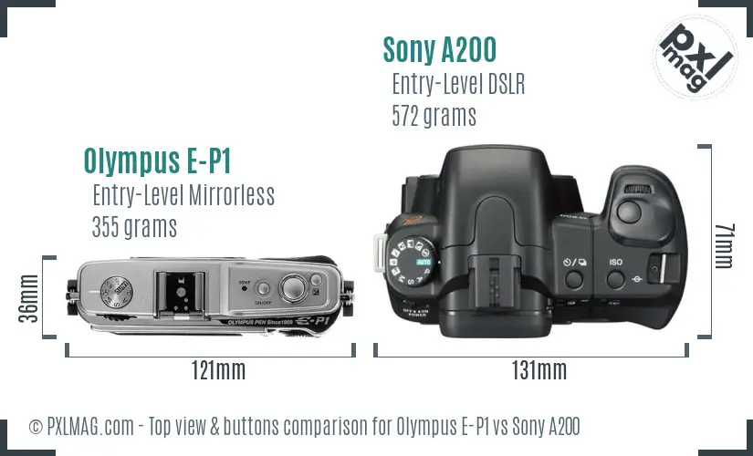 Olympus E-P1 vs Sony A200 top view buttons comparison