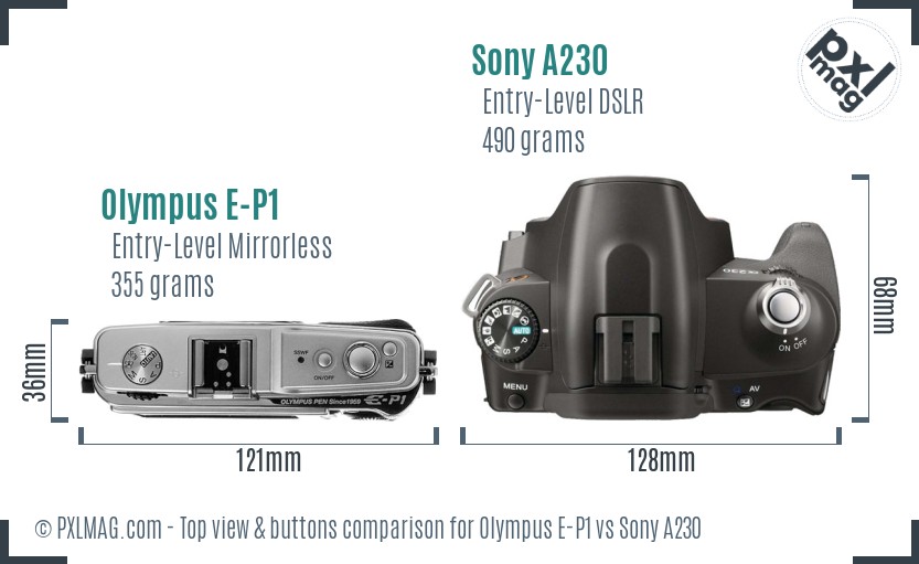 Olympus E-P1 vs Sony A230 top view buttons comparison