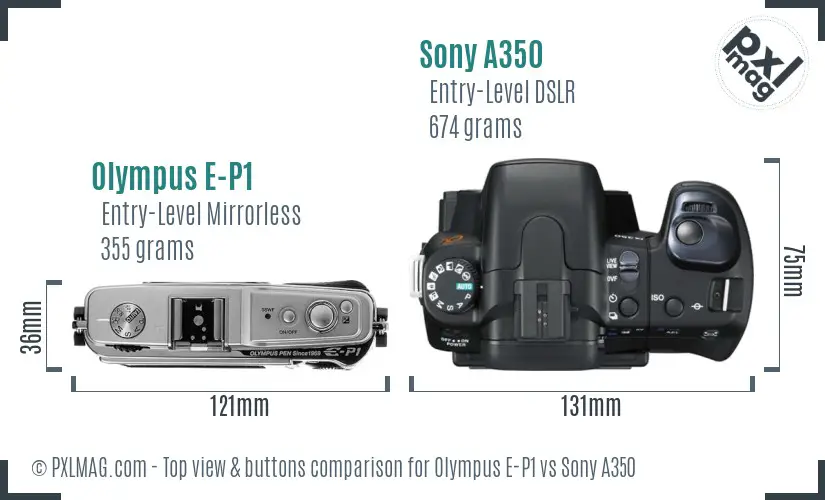 Olympus E-P1 vs Sony A350 top view buttons comparison