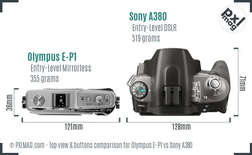 Olympus E-P1 vs Sony A380 top view buttons comparison