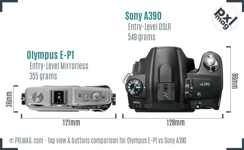 Olympus E-P1 vs Sony A390 top view buttons comparison