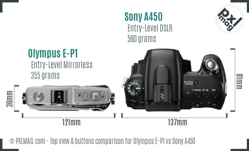 Olympus E-P1 vs Sony A450 top view buttons comparison