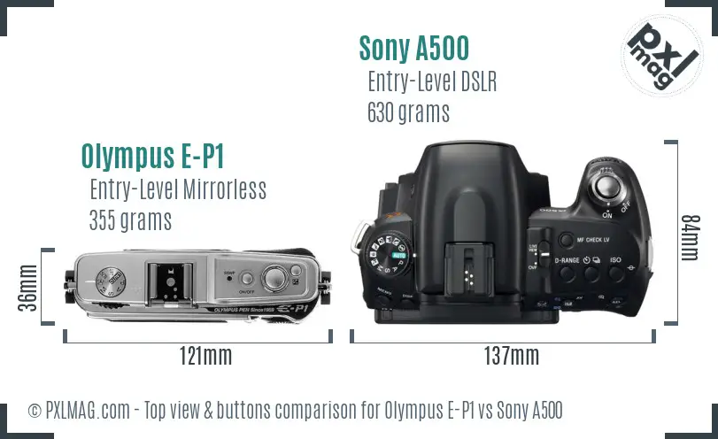 Olympus E-P1 vs Sony A500 top view buttons comparison