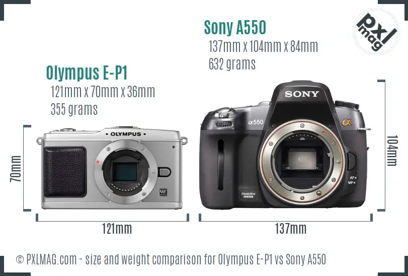 Olympus E-P1 vs Sony A550 size comparison