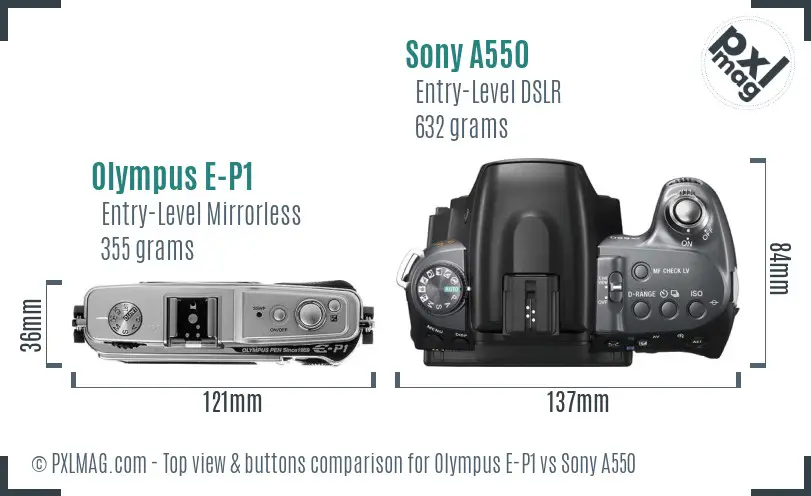Olympus E-P1 vs Sony A550 top view buttons comparison