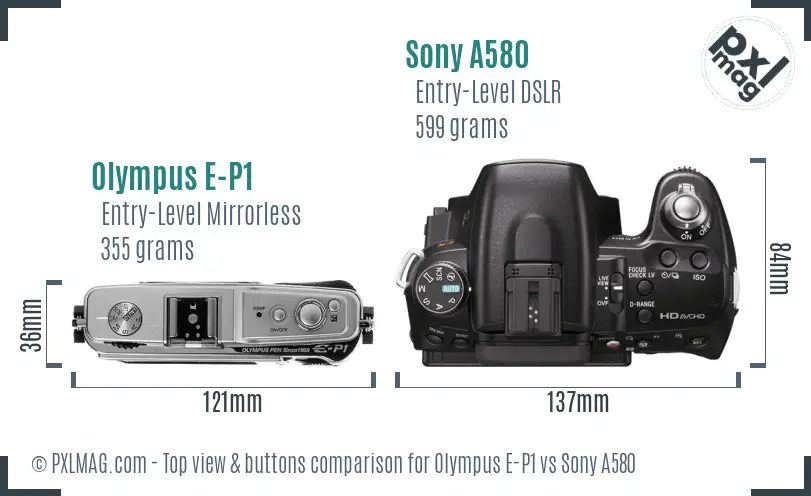 Olympus E-P1 vs Sony A580 top view buttons comparison