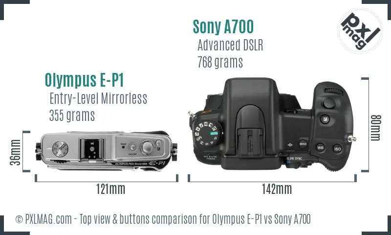 Olympus E-P1 vs Sony A700 top view buttons comparison Olympus E-P1 vs Sony A700 top view buttons comparison
