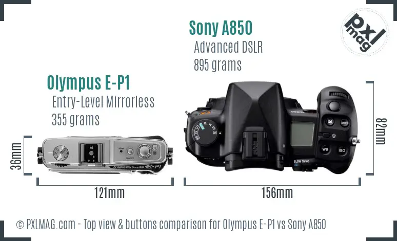 Olympus E-P1 vs Sony A850 top view buttons comparison