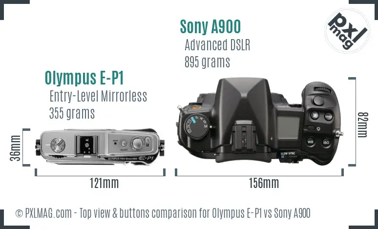 Olympus E-P1 vs Sony A900 top view buttons comparison Olympus E-P1 vs Sony A900 top view buttons comparison