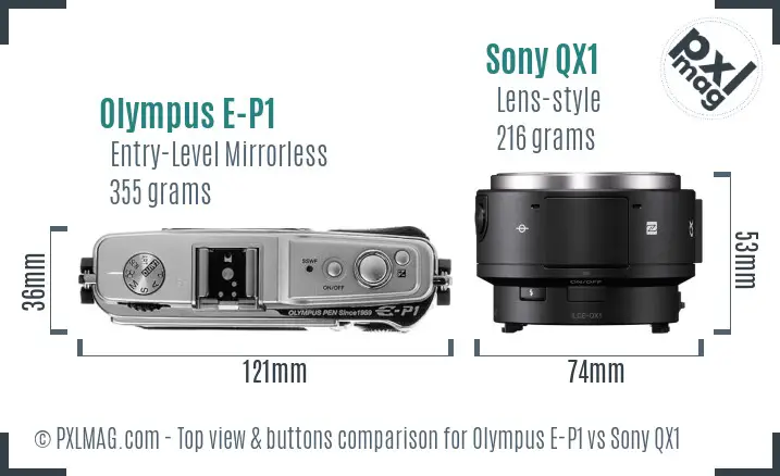 Olympus E-P1 vs Sony QX1 top view buttons comparison