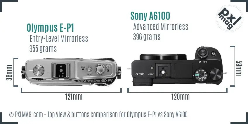 Olympus E-P1 vs Sony A6100 top view buttons comparison