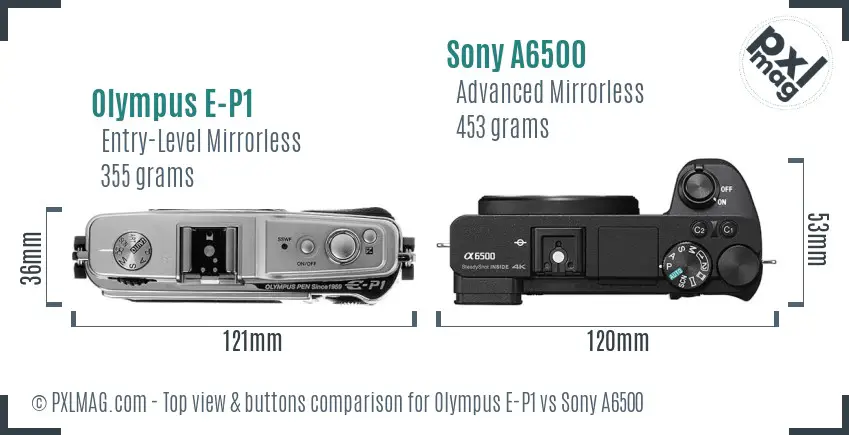 Olympus E-P1 vs Sony A6500 top view buttons comparison