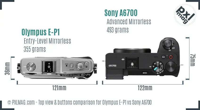 Olympus E-P1 vs Sony A6700 top view buttons comparison