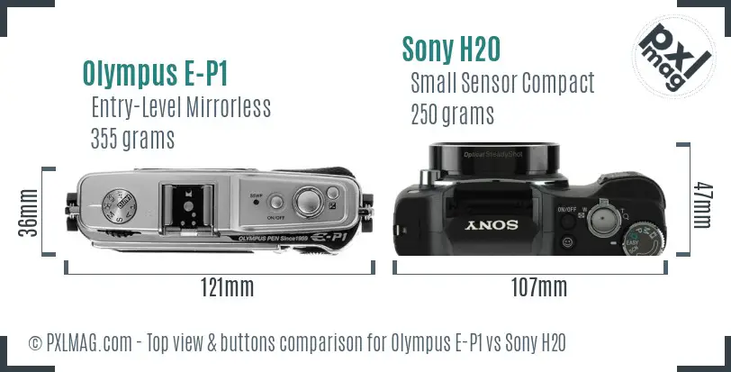 Olympus E-P1 vs Sony H20 top view buttons comparison
