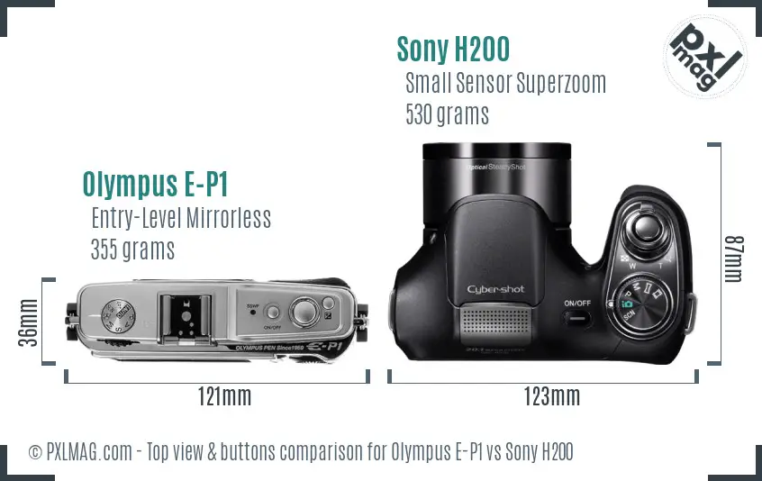 Olympus E-P1 vs Sony H200 top view buttons comparison