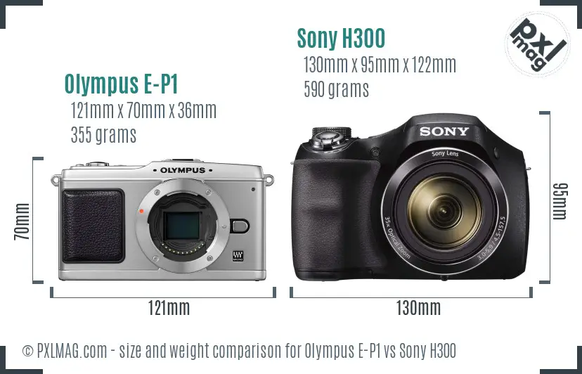 Olympus E-P1 vs Sony H300 size comparison