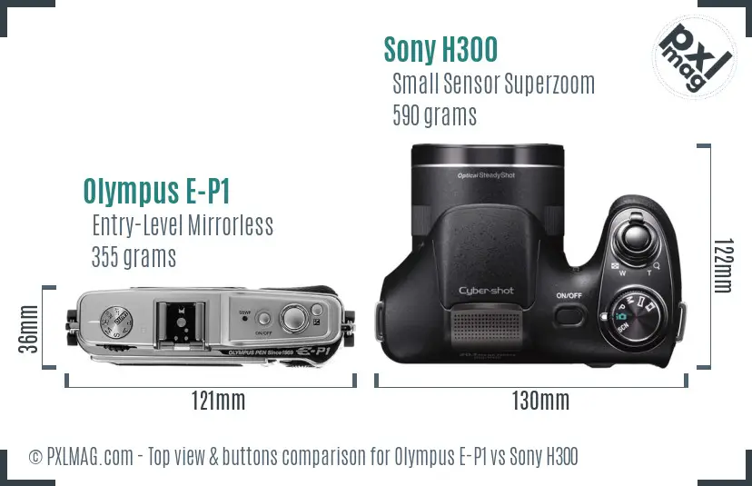 Olympus E-P1 vs Sony H300 top view buttons comparison