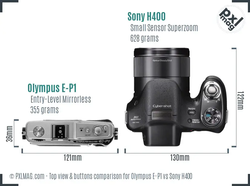 Olympus E-P1 vs Sony H400 top view buttons comparison