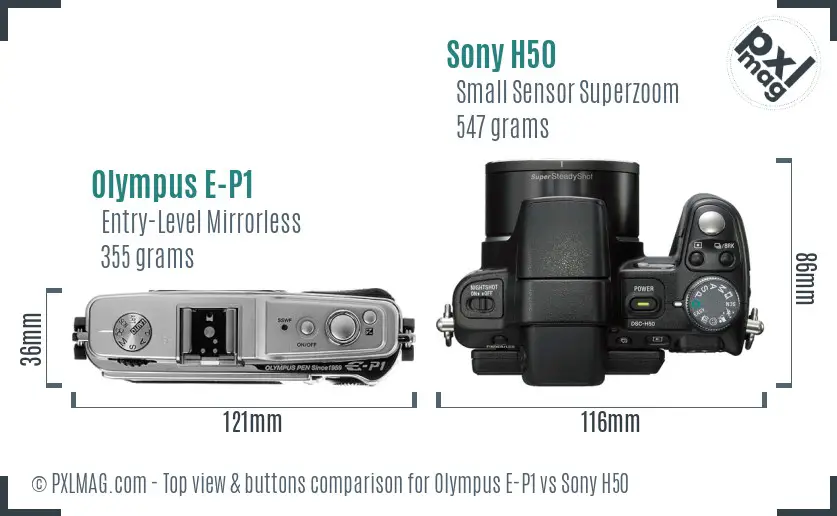 Olympus E-P1 vs Sony H50 top view buttons comparison