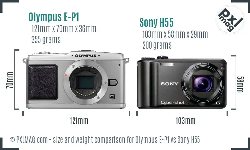 Olympus E-P1 vs Sony H55 size comparison