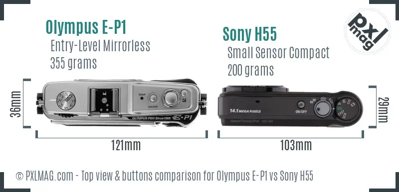 Olympus E-P1 vs Sony H55 top view buttons comparison