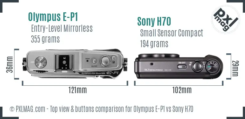 Olympus E-P1 vs Sony H70 top view buttons comparison