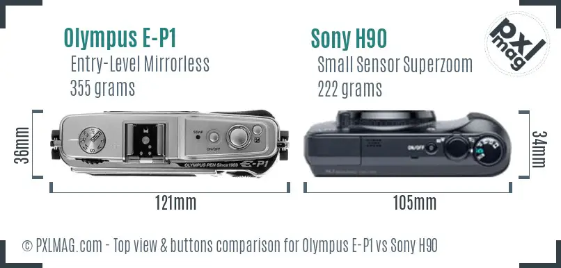 Olympus E-P1 vs Sony H90 top view buttons comparison