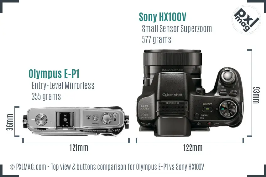 Olympus E-P1 vs Sony HX100V top view buttons comparison