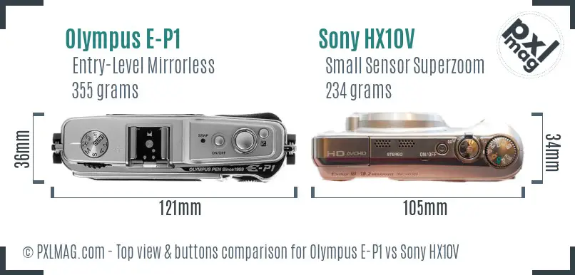 Olympus E-P1 vs Sony HX10V top view buttons comparison