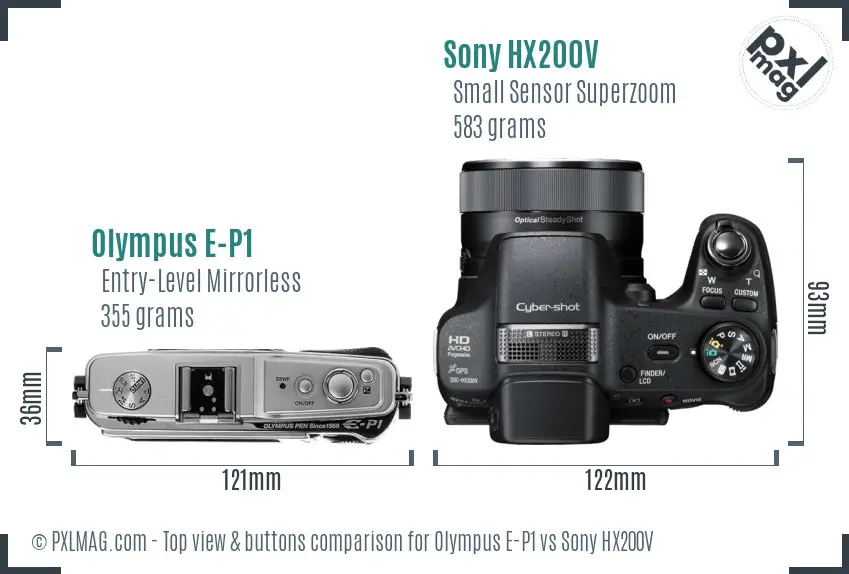 Olympus E-P1 vs Sony HX200V top view buttons comparison