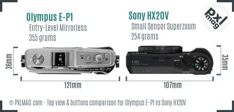 Olympus E-P1 vs Sony HX20V top view buttons comparison