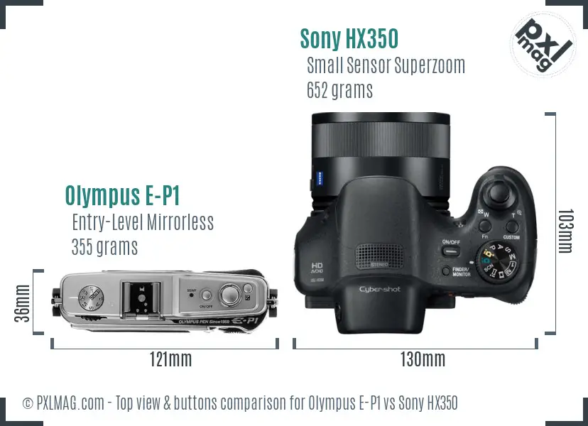 Olympus E-P1 vs Sony HX350 top view buttons comparison