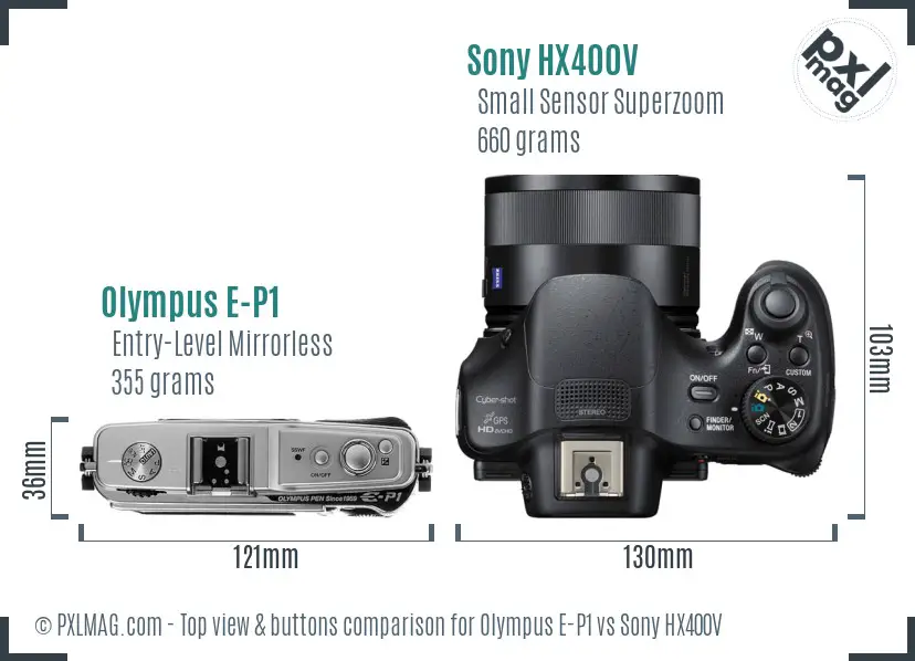 Olympus E-P1 vs Sony HX400V top view buttons comparison