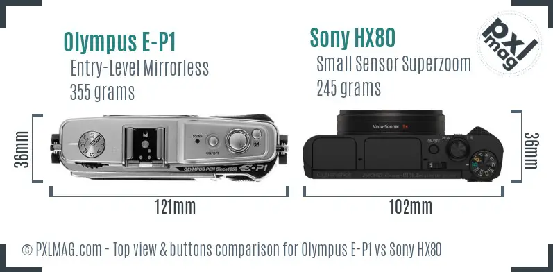 Olympus E-P1 vs Sony HX80 top view buttons comparison