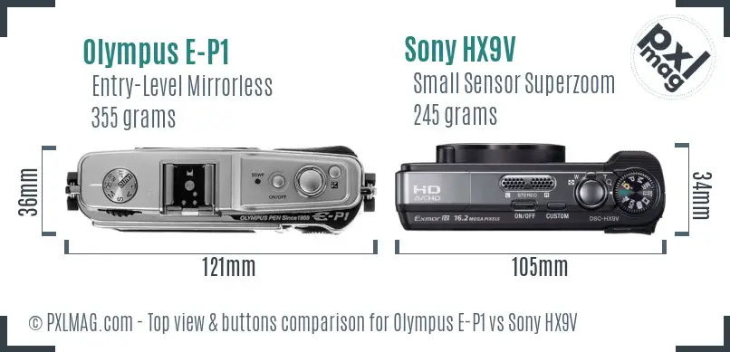 Olympus E-P1 vs Sony HX9V top view buttons comparison