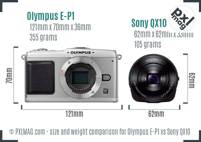 Olympus E-P1 vs Sony QX10 size comparison
