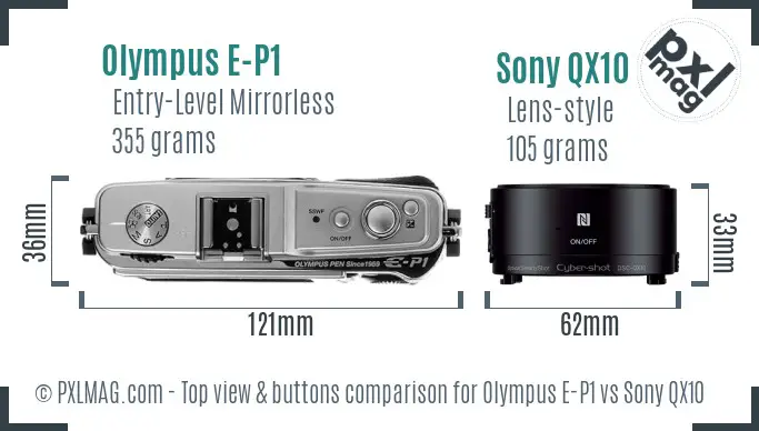 Olympus E-P1 vs Sony QX10 top view buttons comparison