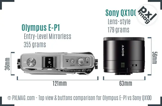 Olympus E-P1 vs Sony QX100 top view buttons comparison