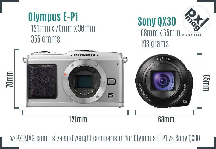 Olympus E-P1 vs Sony QX30 size comparison