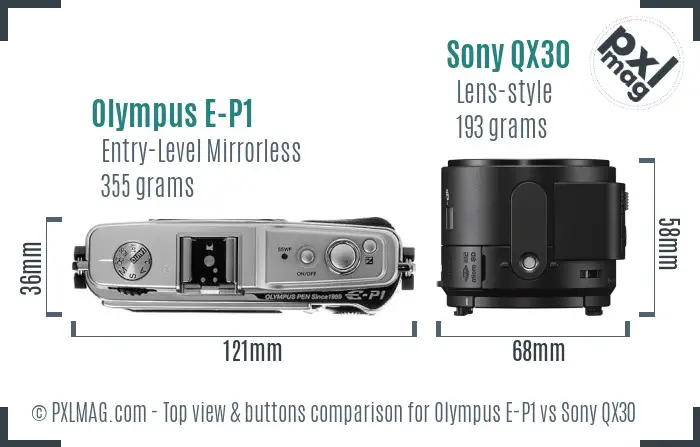 Olympus E-P1 vs Sony QX30 top view buttons comparison