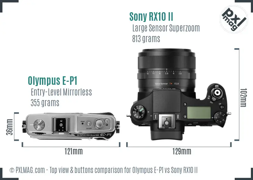 Olympus E-P1 vs Sony RX10 II top view buttons comparison